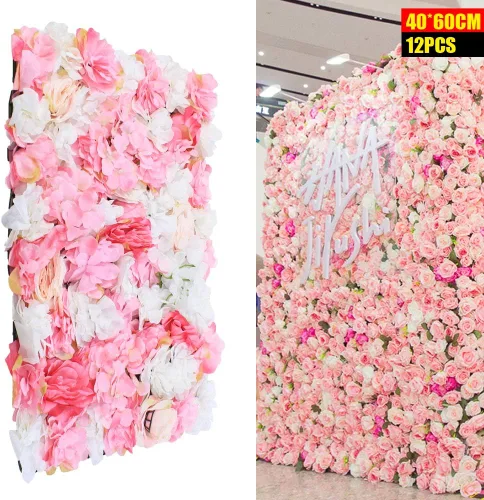 Miniatura 7 de Paquete de 12 paneles de pared de flores artificiales de 24 x 16 pulgadas, paneles de fondo de flores artificiales de hortensias y rosas