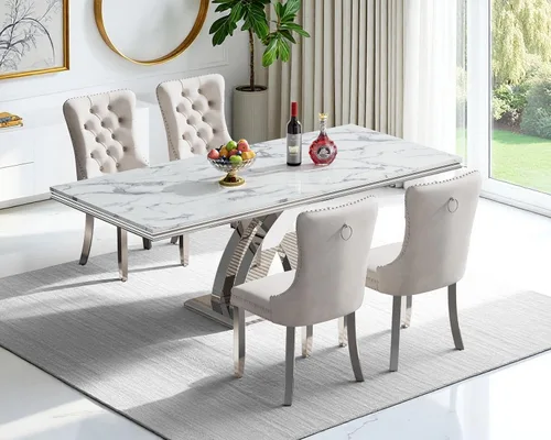 Miniatura 65 de Moderno juego de mesa de comedor de mármol sintético de 68.11 pulgadas para 6, mesa de comedor de mármol blanco y plateado con 6 sillas de Blanco