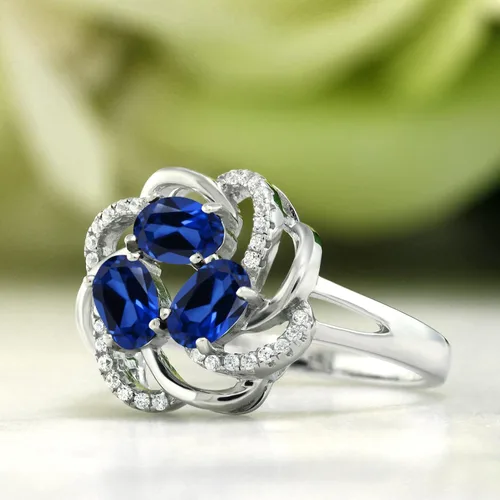 Miniatura 26 de Gem Stone King Flower Blossom Gemstone Birthstone Ring in 925 Sterling Silver 3-Stone Oval 6X4MM with Sparkling Accents Wedding Anniversary