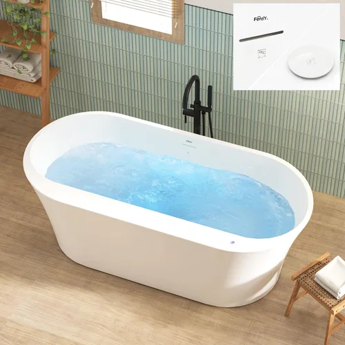 Miniatura 12 de FerdY Shangri-La - Bañera de acrílico independiente de 67 pulgadas, bañera de remojo de acrílico de forma ovalada clásica con desagüe de níquel