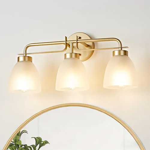 Miniatura 20 de Luces de tocador modernas de mediados de siglo de 16 pulgadas, lámpara dorada de 2 luces con pantallas de campana blancas esmeriladas, aplique