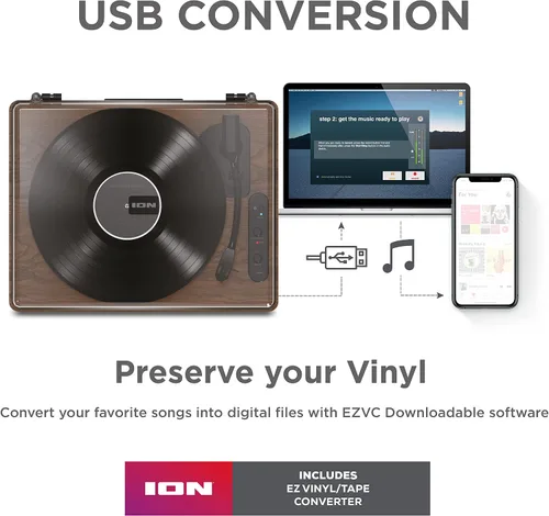 Miniatura 6 de ION Audio Luxe LP - Reproductor de discos de vinilo Bluetooth con altavoces, conversión USB, placa de tamaño completo, parada automática, salida