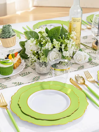 Miniatura 2 de WDF 150 platos verdes desechables, platos barrocos verdes y dorados, vajilla de plástico para 25 invitados, ideal para fiestas, primavera, picnic