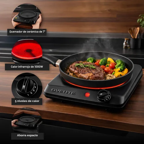 Miniatura 2 de OVENTE Quemador individual infrarrojo para encimera, placa eléctrica de 1000 W con placa de cocina de vidrio cerámico de 7 pulgadas, ajuste