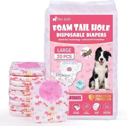 Pet Soft Pañales desechables para perras, pañales para perras con agujero de cola de espuma ajustable, ultra protección, pañales para cachorros y