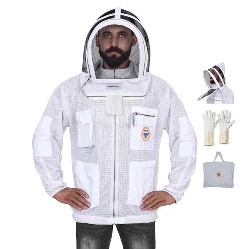 Chaqueta de apicultura con velo – Chaqueta de abeja ultra ventilada de 3 capas con cremalleras YKK de larga duración y capucha de cercado de Velo de