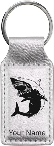 Miniatura 32 de Llavero rectangular, gran tiburón blanco, grabado personalizado incluido, Bambú