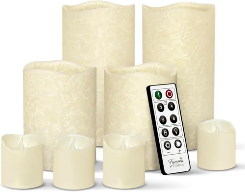 Miniatura 11 de FURORA LIGHTING Velas sin llama verde ombré, cera real, brillo ajustable, control remoto y temporizador, 4 pilares (3 x 4, 3 x 6) y 4 votivos