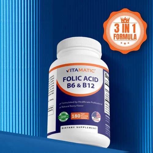 Miniatura 5 de Vitamatic Ácido fólico, vitamina B12 y B6 – 180 tabletas de disolución rápida Salud del corazón, producción de energía y apoyo de glóbulos rojos