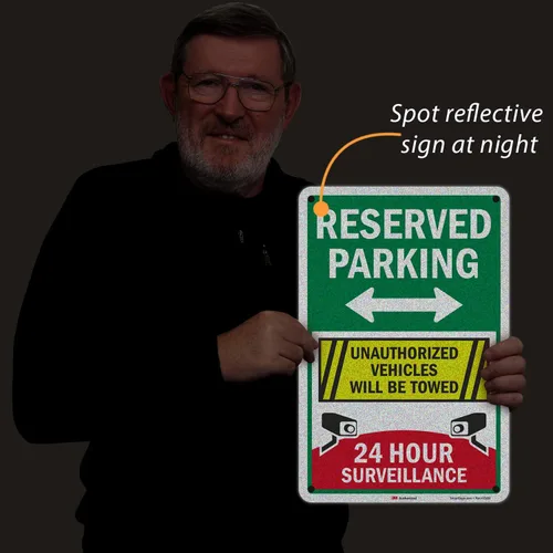 Miniatura 8 de SmartSign Letrero metálico de 18 x 12 pulgadas con texto en inglés «Reserved Parking – Unauthorized Vehicles Will Be Towed, 24 Hour Surveillance