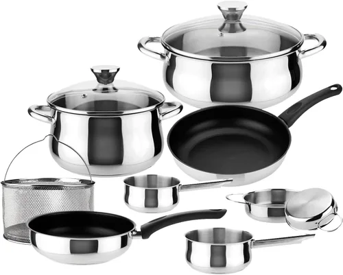 MAGEFESA IDEAL - Juego de utensilios de cocina de 11 piezas: 2 ollas, 2 cacerolas, 2 mini sartenes, 2 sartenes, colador de malla, acero inoxidable,