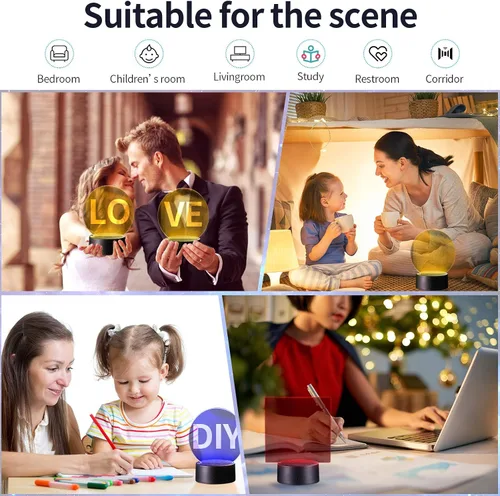 Miniatura 6 de Honoson 4 Piezas Bases de Lámpara LED Nocturna 3D con 4 Piezas Láminas de Acrílico Transparente Control Remoto Cable USB Ajustable 16 Colores 4