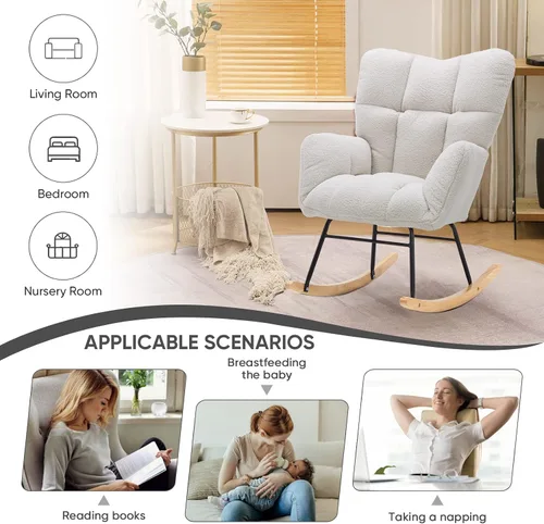 Miniatura 8 de Silla mecedora de terciopelo de peluche, sillón mecedora con carga para guardería, cómoda silla auxiliar para sala de estar, dormitorio