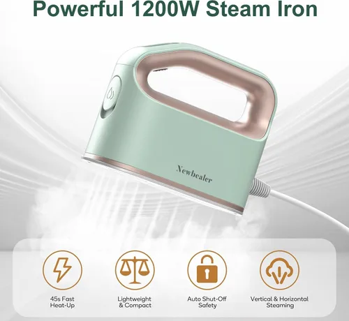 Miniatura 2 de Newbealer Plancha de vapor inteligente para ropa, 1200 W, turboalimentada de grado profesional, 3 modos de vapor y 3 modos de calor seco, Verde menta