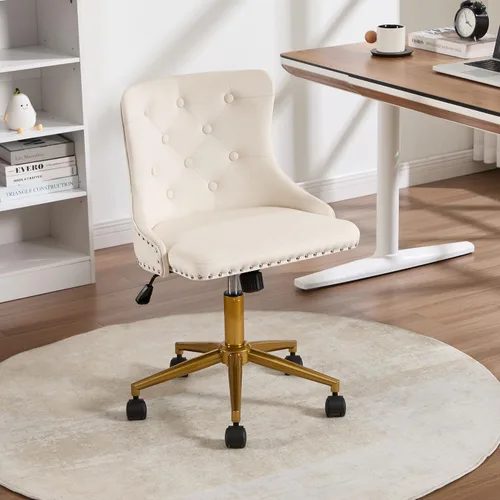 Miniatura 2 de Silla de escritorio de terciopelo sin brazos para oficina en casa, silla giratoria con altura ajustable, pequeña y linda silla de tocador para Beige