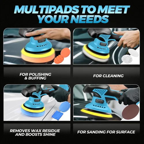 Miniatura 6 de Pulidora de búfer para automóvil con 2 baterías de 2000 mAh 21 V, 8 velocidades variables, máquina pulidora de automóvil inalámbrica con kit de Azul