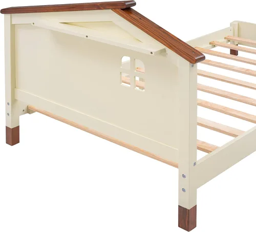 Miniatura 7 de Cama de plataforma de madera de tamaño individual con cabecera en forma de casa, soporte de listones de madera, para dormitorio de niños, niñas