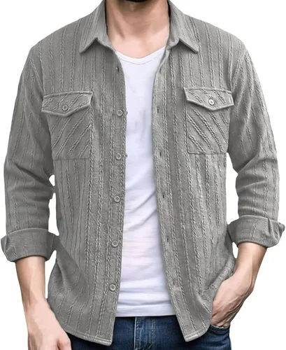 Miniatura 20 de Camisas con botones para hombre, casual, de manga larga, con cuello jacquard, texturizada, ligera, sobrecamisa, sobrecamisa