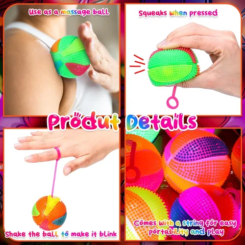 Miniatura 3 de Wettarn Paquete de 24 bolas de punta iluminadas para niños de 2.6 pulgadas con luces LED, bolas hinchables a granel, bolas sensoriales intermitentes