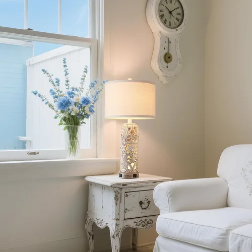 Miniatura 5 de Lámparas de mesa rústicas para sala de estar y dormitorio Lámpara de noche vintage con doble puerto USB, lámparas retro de resina blanca antigua