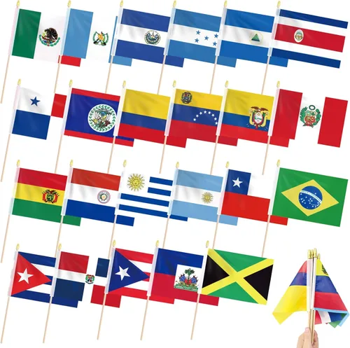 Paquete de 23 banderas de mano de América Latina de 5 x 8 pulgadas, mini banderas de país en palos de madera con tapas de lanza dorada, banderas