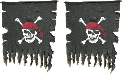 Miniatura 6 de LANGXUN 2 banderas piratas de lino retro y desgastado de tamaño grande de 3 x 2.5 pies para decoraciones de Halloween, fiesta pirata, decoración