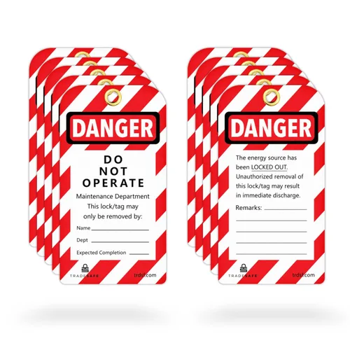 TRADESAFE Etiquetas de Bloqueo y Etiquetado - 10 Etiquetas de Peligro No Operar con 10 Abrazaderas de Nylon, Vinilo Premium de 32 mil, Etiquetas