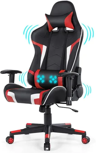 Miniatura 8 de DORTALA Silla ergonómica para videojuegos, silla de carreras de respaldo alto con soporte lumbar de masaje, bolsillo para banco de energía Azul