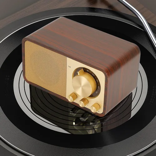 Miniatura 7 de Altavoz BT de madera retro vintage, radio AM FM portátil recargable con reproducción AUX/USB/TF, radio retro recargable para cafeterías