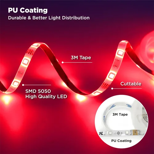 Miniatura 4 de Tira de luces LED, tira de luz RGB de 16.4 pies con control remoto y fuente de alimentación, revestimiento de poliuretano, adaptador ETL de 12 V CC