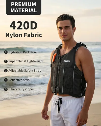 Miniatura 2 de Owntop Chaqueta de natación para adultos y jóvenes, paquete de hidratación, bolsillos de malla duales, silbato adjunto, ultrafina para un movimiento