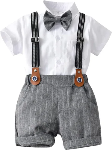 Conjunto de traje de caballero de manga corta para bebé niño con corbatín + pantalones cortos con tirantes y pantalones cortos para bautizo festivo