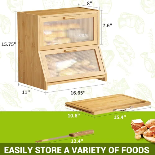 Miniatura 7 de BMOSU Panera grande de doble capa con tabla de cortar para encimera de cocina, panera con ventana de vidrio esmerilado de bambú (natural)