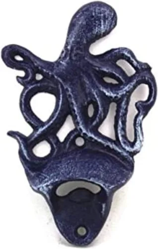 Hampton Nautical K-9116-sólido-azul oscuro rústico azul oscuro de hierro fundido montado en la pared pulpo abrebotellas 6" - Decoración vintage de