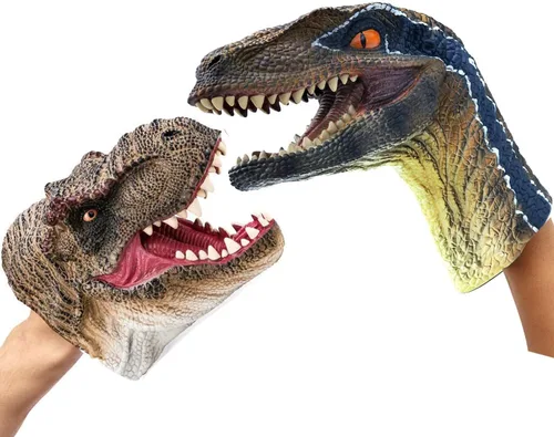 Miniatura 6 de Juguetes de dinosaurio, tiranosaurio Rex y velociraptor azul, marionetas de mano, juego de figuras de acción del mundo de dinosaurio, divertido