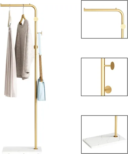 Miniatura 2 de DOORXIFO Perchero dorado con base blanca, estante de entrada independiente con 3 ganchos, perchero en forma de L para chaquetas, sombreros, ropa