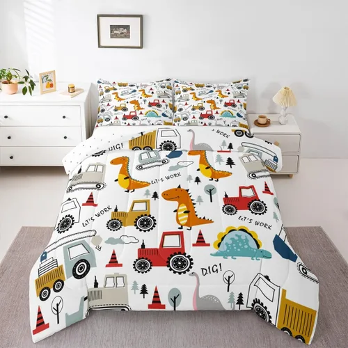 Miniatura 4 de Feelyou Juego de ropa de cama de construcción para niños, tamaño queen, niños, dinosaurios de dibujos animados, juego de funda de edredón para Multi