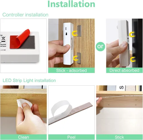 Miniatura 6 de WOBANE Luces de doble sensor de movimiento debajo de la cama, tira de luz LED recargable de 16.4 pies, luz de cinta alimentada por batería
