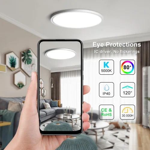 Miniatura 2 de Paquete de 2 lámparas LED de techo empotradas de 12 pulgadas, luz blanca diurna de 5000 K, 24 W 3200 LM, luces de techo planas redondas, luminosas