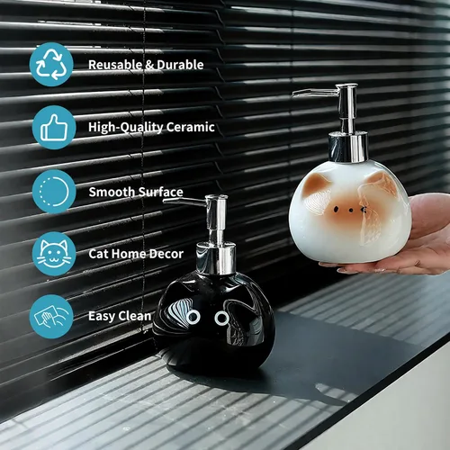 Miniatura 5 de Dispensador de jabón de cerámica para gatos con bomba de acero inoxidable, perfecto para jabón de platos, jabón líquido, dispensador de jabón
