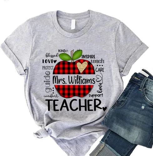Miniatura 5 de NAZENTI Camisas personalizadas para profesores, regalos para profesores, camisas de regreso a la escuela, a cuadros de búfalo de leopardo, lindo