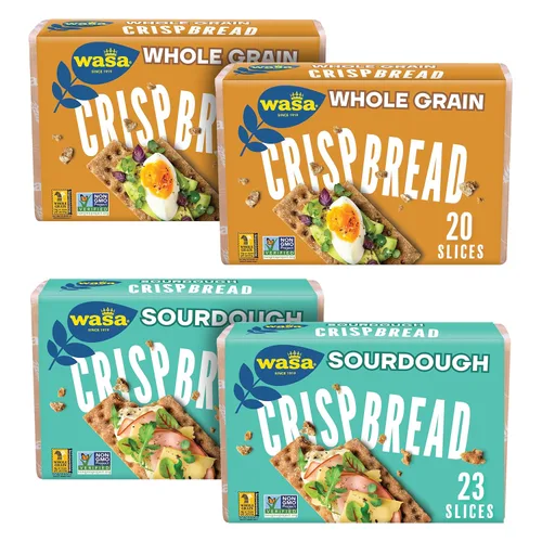 Wasa Paquete Variado de Pan Crujiente (Paquete de 4), Masa Madre y Grano Entero, Galletas Saladas, Ingredientes Sin OGM, Sin Grasa