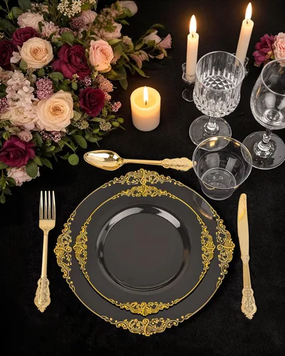 Miniatura 6 de Nervure 100 platos de plástico negro y dorado, platos desechables negros de 10.25 pulgadas, platos llanos de plástico negro para bodas, fiestas