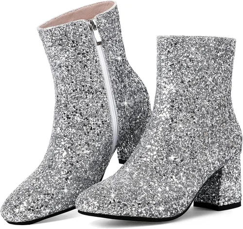 Miniatura 2 de MAVMAX Botines brillantes con lentejuelas para mujer, tacones gruesos, botines brillantes