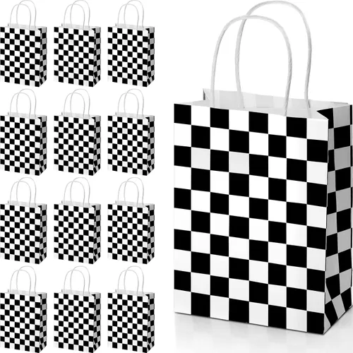 Gersoniel 24 bolsas a cuadros para golosinas de carreras, color blanco y negro, bolsas a cuadros con temática de racecar, contenedores de dulces de