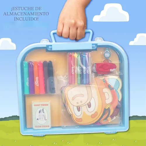 Miniatura 5 de Funda Bluey Imagination, 15 juegos y actividades, juego Bluey apto para viajes con marcadores, crayones, globos, marionetas y juegos para niños de 3