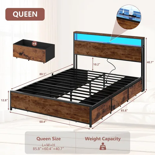 Miniatura 2 de Forestell Full Size Bed Frame with Storage Headboard & 6 Drawers, Metal Platform Bed Frame with LED Lights & Charging Station, 2 Tier Shelf Storage