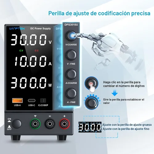 Miniatura 2 de Fuente de alimentación CC variable 0-30V 0-10A, fuentes de alimentación de banco reguladas de conmutación ajustable con codificador grueso y perilla