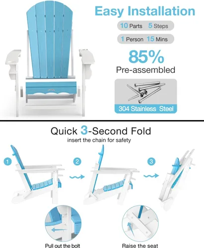 Miniatura 8 de Silla Adirondack plegable – Silla de patio Adirondack reciclable de polietileno de alta densidad para exteriores con soporte para tazas, textura
