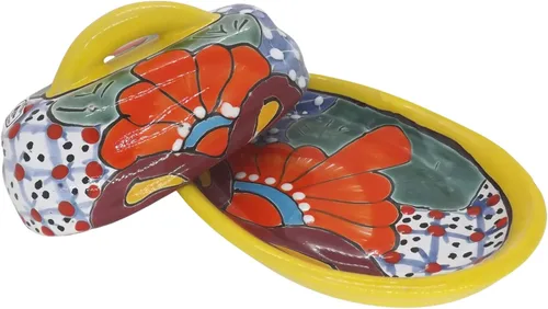 Miniatura 4 de Cuenco para Mantequilla de Cerámica Talavera con Tapa Pintada a Mano, Auténtica Cerámica Mexicana de Cocina con Diseño Floral (Amarillo)